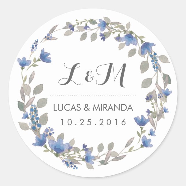 Vintage Blue Flower Wreath Wedding Favor Sticker (Front)