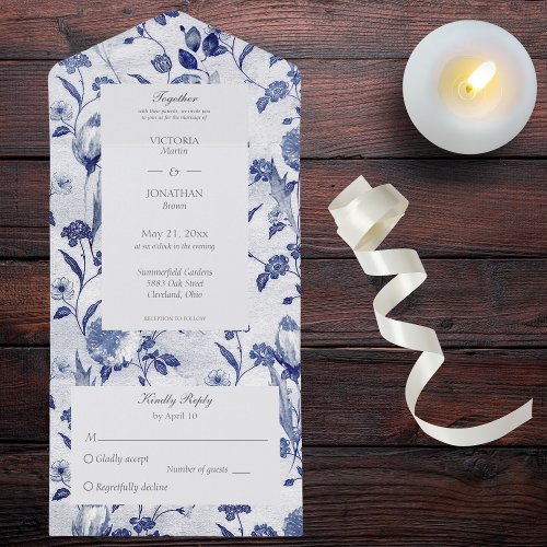 Vintage Blue Flowers and Vines All In One Invitation