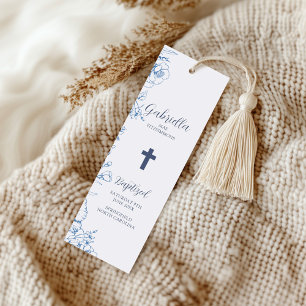 Vintage Blue Flowers Baptism Photo Bookmarks