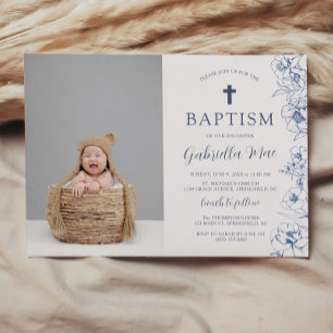 Vintage Blue Flowers Baptism Photo Invitation
