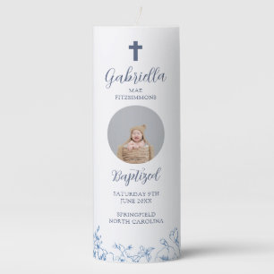 Vintage Blue Flowers Baptism Photo Pillar Candle