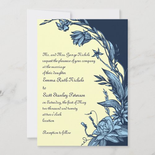 Vintage blue flowers on pale yellow wedding invite