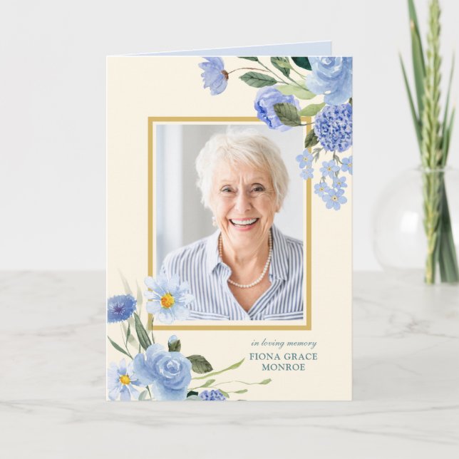 Vintage Blue Flowers Photo Memorial Folded Program (Front)