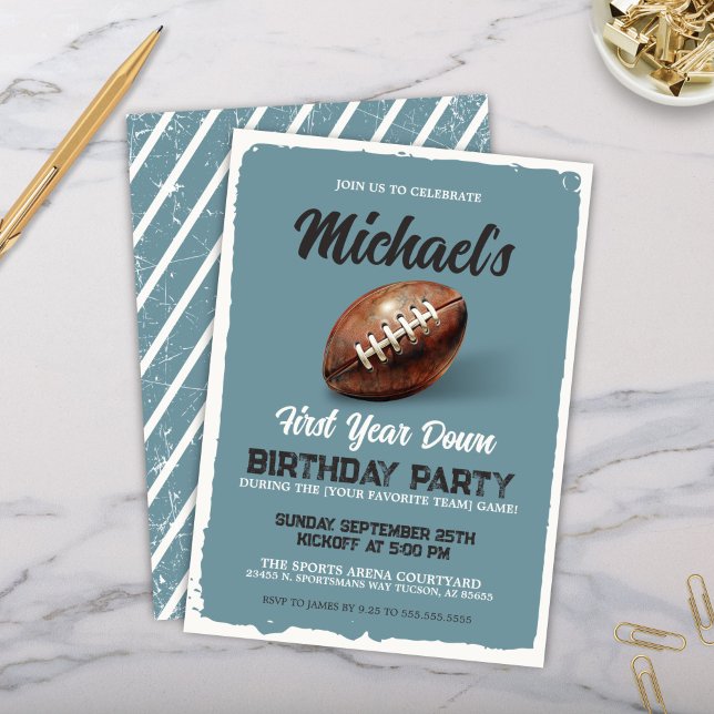 Vintage Blue Football First Birthday Party Invitation (Vintage teal blue and cream antique football theme birthday party invitation for 1st watch party)