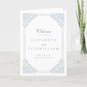 Vintage Blue Frame Elegant Script Folded Wedding  Program