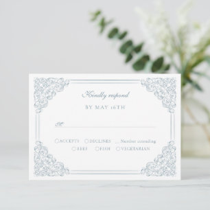 Vintage Blue Frame Elegant Script Wedding RSVP Card