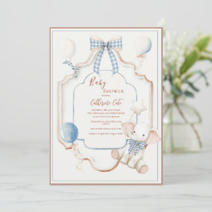 Vintage Blue Frame Elephant Balloons Baby Invitation