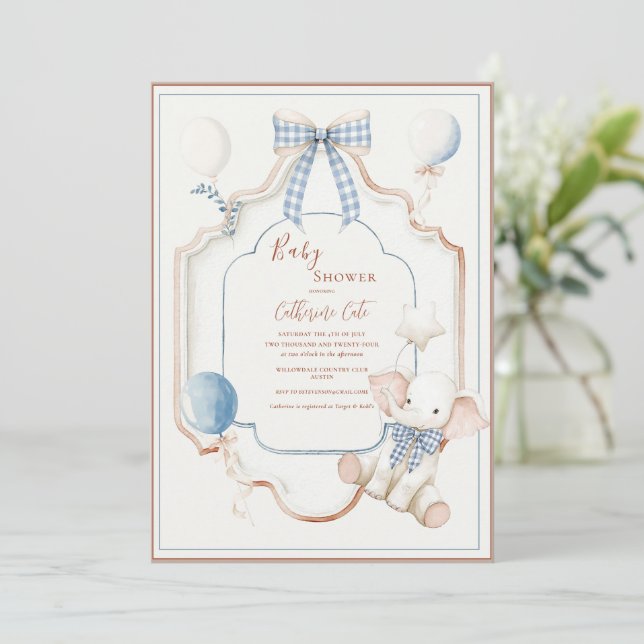 Vintage Blue Frame Elephant Balloons Baby Invitation (Standing Front)