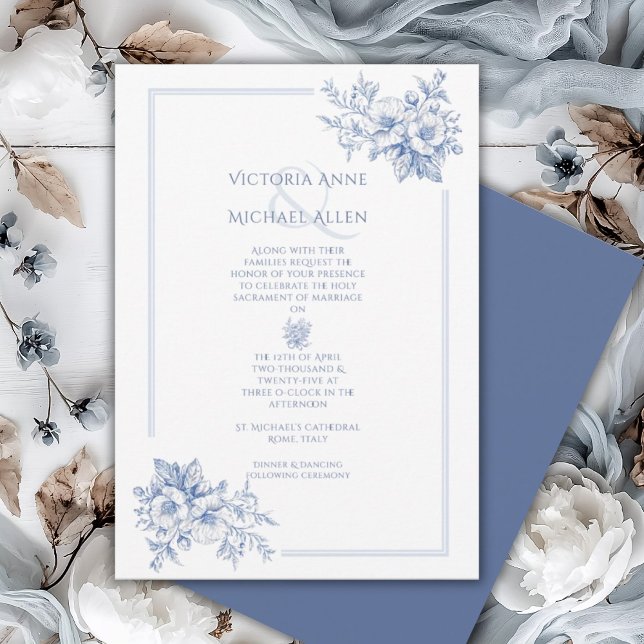 Vintage Blue Frame Floral Elegant Wedding Invitation (Creator Uploaded)