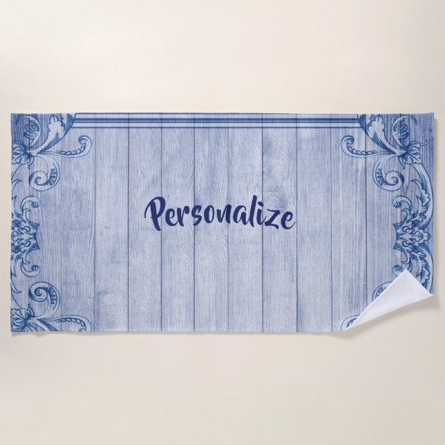 Vintage Blue Frame Personalize Summer Beach Towel (Front)