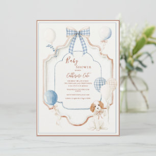 Vintage Blue Frame Puppy Dog Balloons Baby Shower Invitation