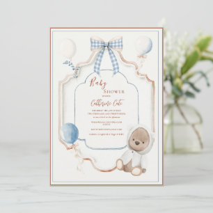 Vintage Blue Frame Teddy Bear Balloons Baby Shower Invitation