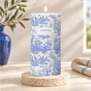 Vintage Blue French Country Toile de Jouy Scenic Pillar Candle