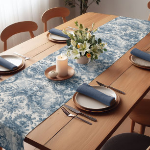 Vintage Blue French Floral Toile de Jouy Monogram Short Table Runner