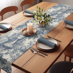 Vintage Blue French Toile de Jouy Monogram Short Table Runner