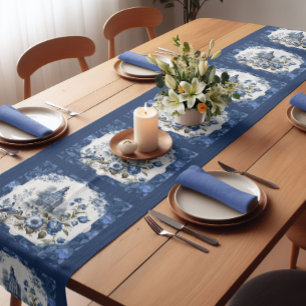 Vintage Blue French Toile de Jouy Monogram Short Table Runner