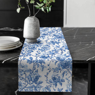 Vintage Blue French Toile Roses Floral Table Runne Long Table Runner