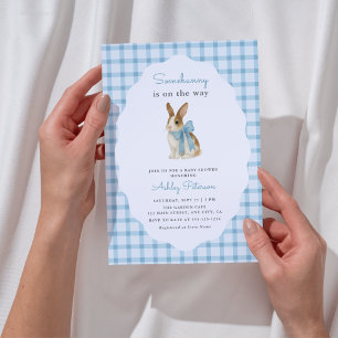 Vintage Blue Gingham Bunny Boy Baby Shower Invitation