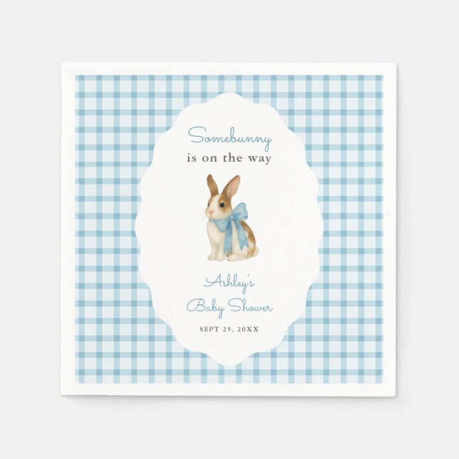 Vintage Blue Gingham Bunny Boy Baby Shower Napkins (Front)