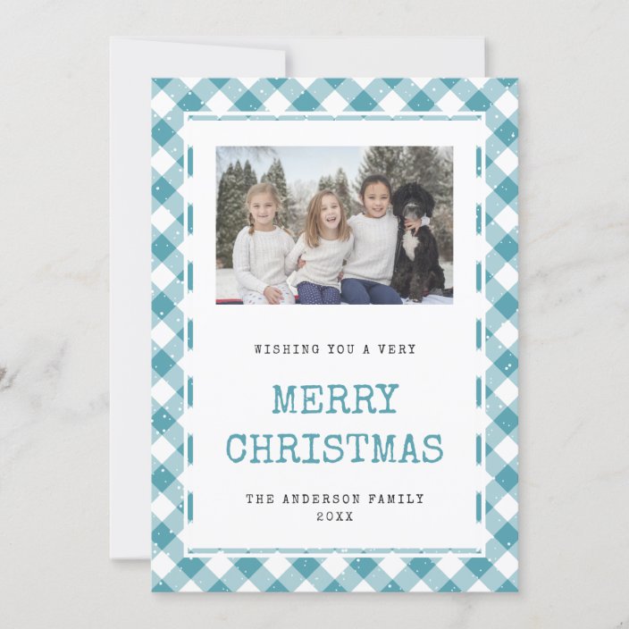 Vintage Blue Gingham Plaid Photo Christmas Cards