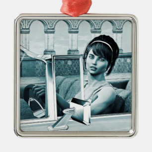 Vintage Blue Glamour Woman Portrait Art Metal Ornament