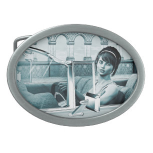 Vintage Blue Glamour Woman Portrait Art Oval Belt Buckle