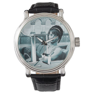 Vintage Blue Glamour Woman Portrait Art Watch
