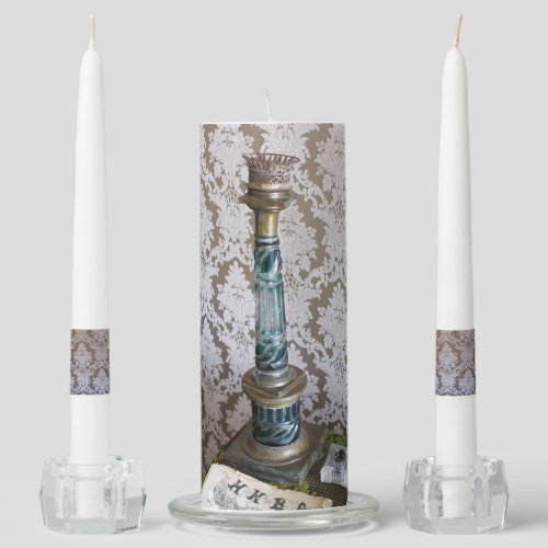 Vintage blue glass candleholder unity candle set