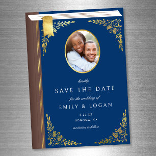 Vintage Blue Gold Book Wedding Save The Date Card