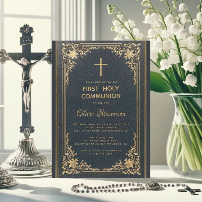 Vintage Blue Gold Cross Boy First Holy Communion Invitation (Creator Uploaded)