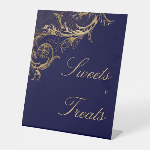 Vintage Blue Gold Damask Sweets Treats Wedding Pedestal Sign