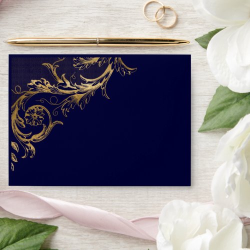 Vintage Blue Gold Damask Wedding Return Address Envelope