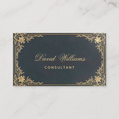 Vintage Blue Gold Elegant Frame Calligraphy Business Card