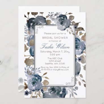 Vintage Blue Gold Floral Botanical Bridal Shower Invitation
