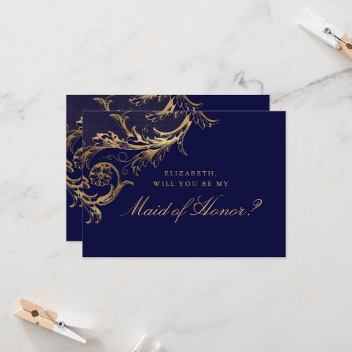 Vintage Blue Gold Floral Damask Maid of Honor Invitation