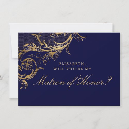 Vintage Blue Gold Floral Damask Matron of Honor Invitation