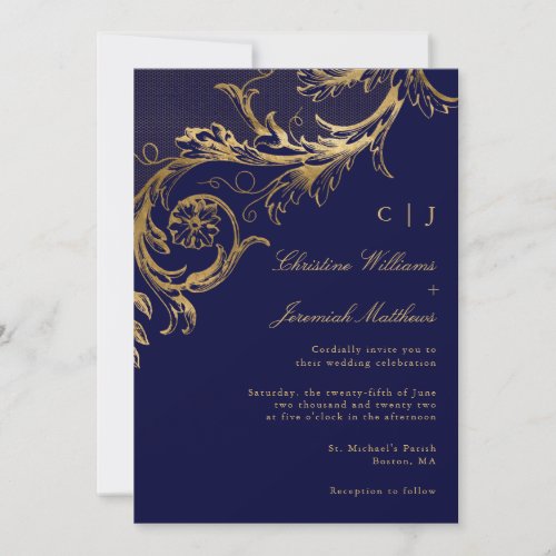 Vintage Blue Gold Floral Damask Monogram Wedding Invitation