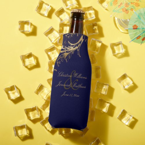 Vintage Blue Gold Floral Damask Script Wedding Bottle Cooler