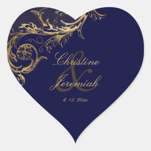 Vintage Blue Gold Floral Damask Script Wedding Heart Sticker