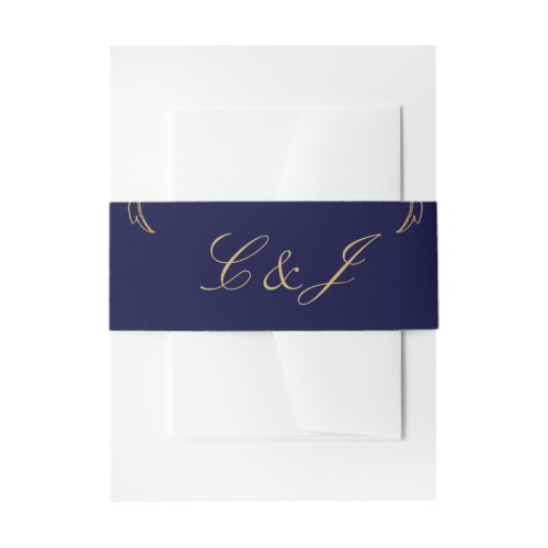 Vintage Blue Gold Floral Damask Script Wedding Invitation Belly Band