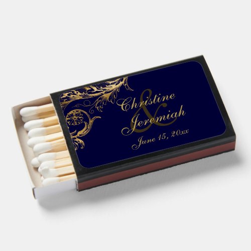 Vintage Blue Gold Floral Damask Script Wedding Matchboxes