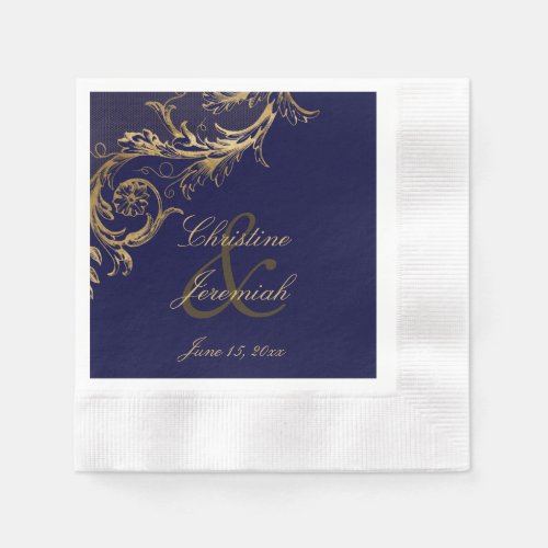 Vintage Blue Gold Floral Damask Script Wedding Napkins