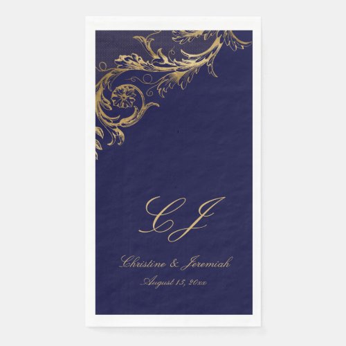 Vintage Blue Gold Floral Damask Script Wedding Paper Guest Towels