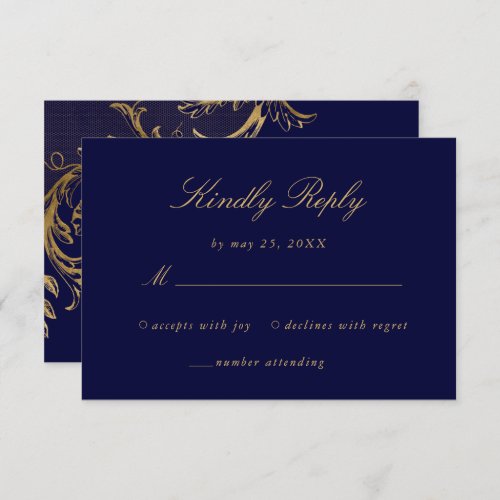 Vintage Blue Gold Floral Damask Script Wedding RSVP Card