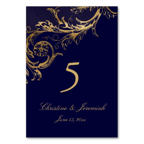 Vintage Blue Gold Floral Damask Script Wedding Table Number