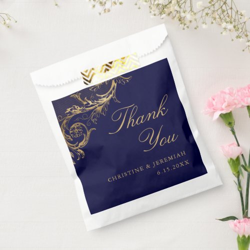 Vintage Blue Gold Floral Damask Wedding Thank You Favor Bag