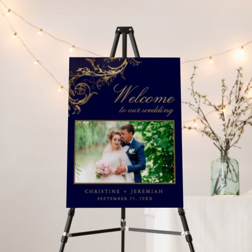 Vintage Blue Gold Floral Damask Wedding Welcome Foam Board