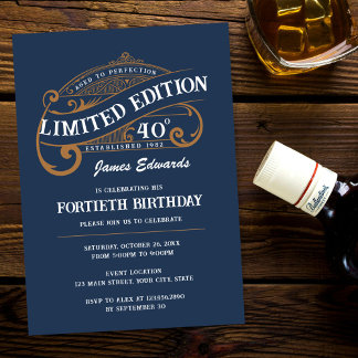 Vintage Blue Gold Men's Whiskey 40th Birthday Invitation