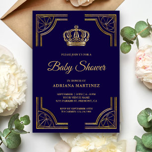 Vintage Blue Gold Ornate Crown Baby Shower Invitation