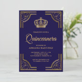 Vintage Blue Gold Ornate Crown Quinceanera Invitation (Standing Front)